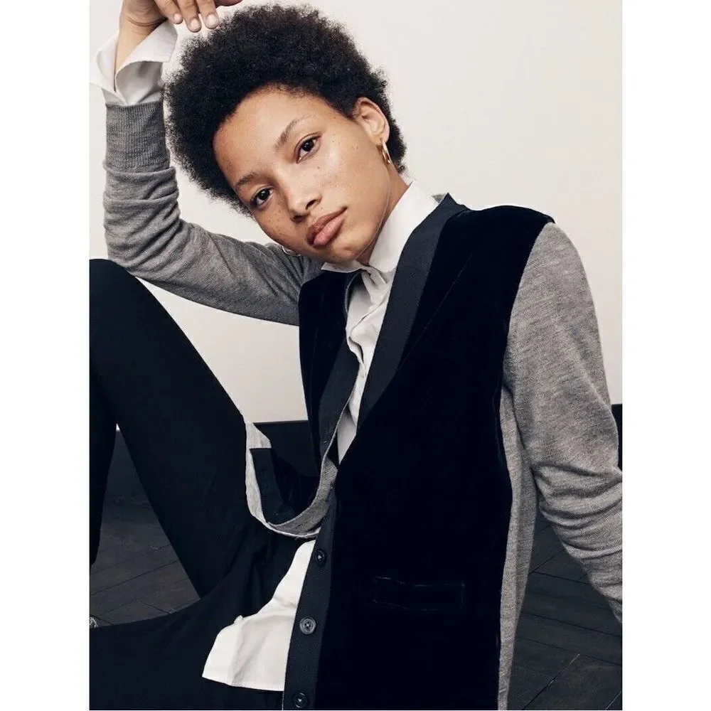 J Crew Cardigan Sweater Harlow Gray Black Merino Wool Velvet Button Front Sz XS - Picture 3 of 11